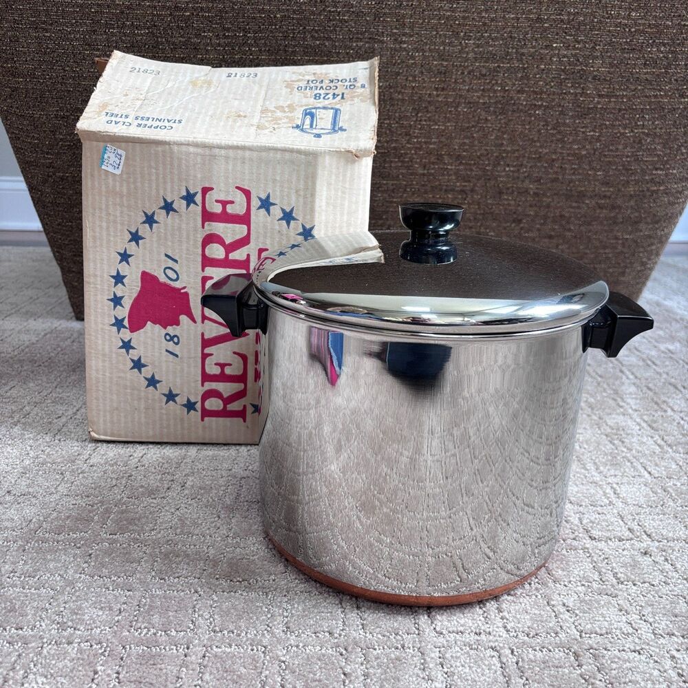 Revere Ware 8 qt Covered Stockpot #1428 Copper Bottom Stainless New Open Box USA